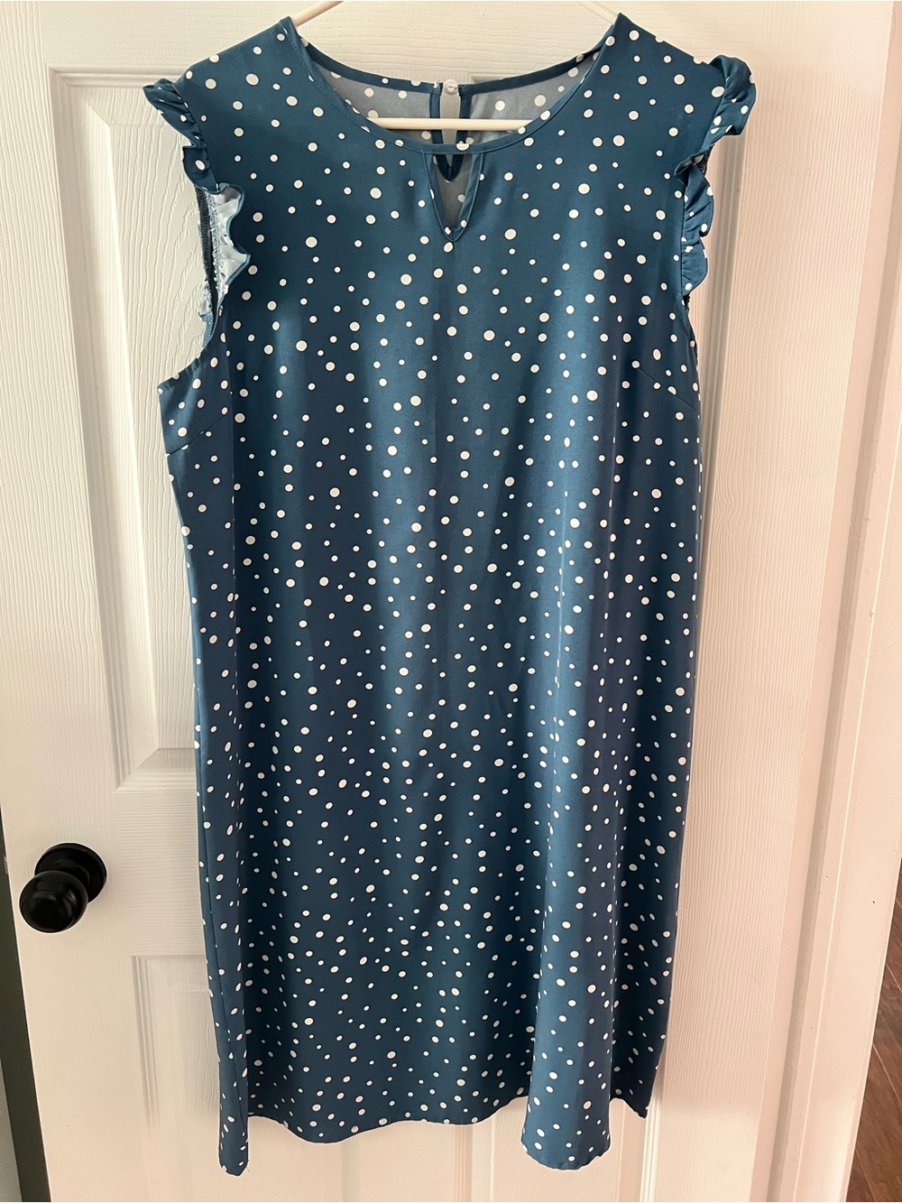 SHEIN Teal Blue Polka Dot Ruffle Sleeve Shift Dress